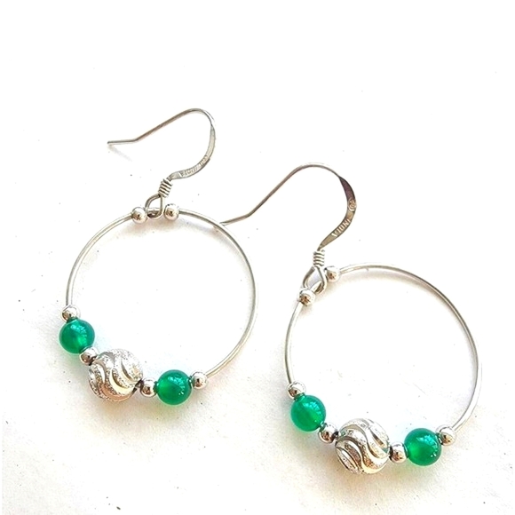 Solid 925 Sterling Silver Fine Jewelry Round Hoop Earrings green Aventurine - Picture 1 of 11